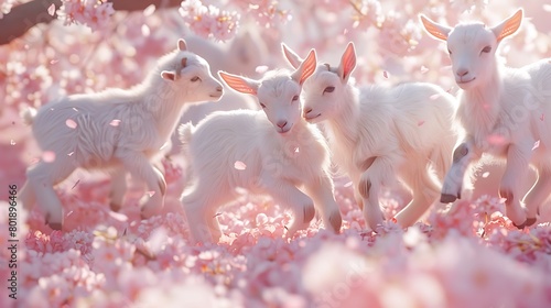 A group of playful baby goats frolicking around a blossoming cherry tree, their tiny hooves kicking up petals in the air
