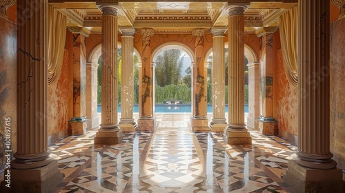 Ancient Roman villa-inspired interiors with marble columns, mosaic floors, and frescoes.