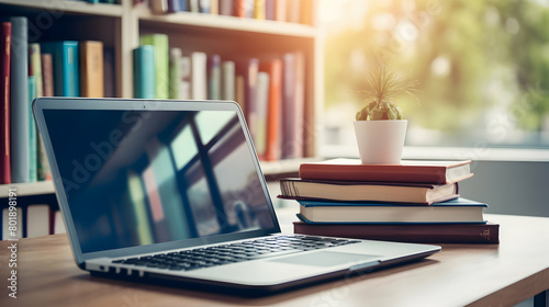 An online learning setup with a laptop and textbooks,