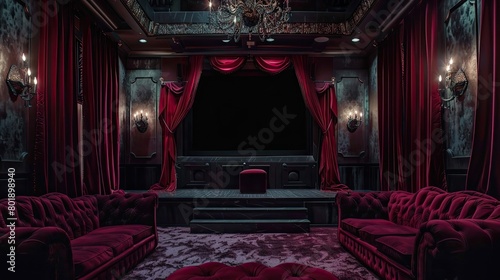 Gothic castle-inspired home theater with velvet curtains, throne-style seating, and immersive sound system.