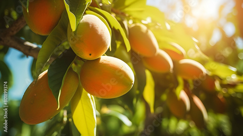 Detailed shot of a sunlit mango orchard with ripe fruits