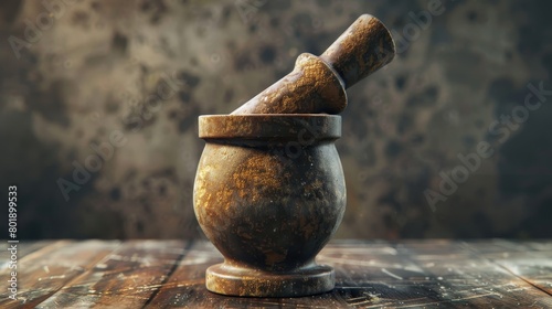 Antique stone mortar and pestle with a rustic, worn look. Ideal for banners, cards, or backgrounds with a historical theme.