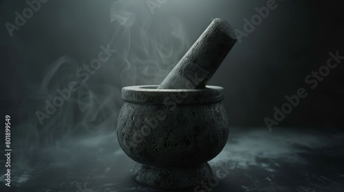 Dark and moody stone mortar and pestle with smoke, suitable for mystical themes.