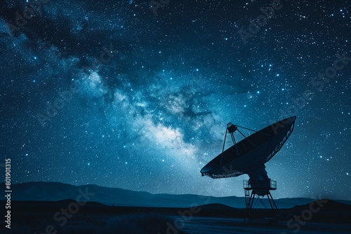 Beneath the breathtaking Milky Way, Powerful telescope for astronomy searching and big scientific observatory satellite antenna dish standing tall under the starry night sky,