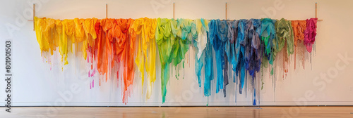 A large-scale abstract tapestry in vibrant hues, suspended from a wooden dowel and cascading down a white wall, infusing the space with color and movement