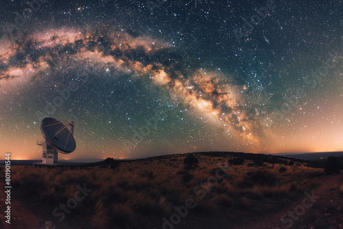 photo of enchanting glow of the Milky Way, Powerful telescope for astronomy searching and big scientific observatory satellite antenna dish, their purpose clear under the vast expa