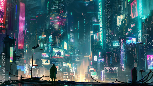 Futuristic cyberpunk cityscape with vibrant neon lights