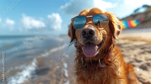 A golden retriever wearing sunglasses is sitting on the beach