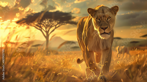 Regal Leadership: A Majestic Lioness Leading Her Pride Across the African Savanna