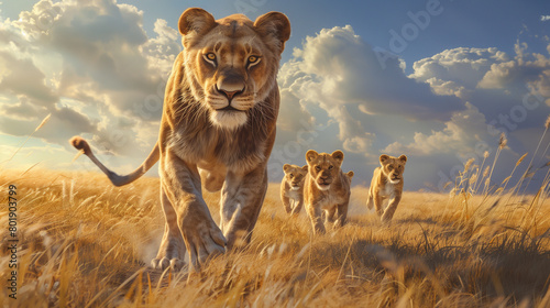 Regal Leadership: A Majestic Lioness Leading Her Pride Across the African Savanna