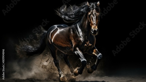 A beautiful dark brown horse with a long flowing mane and tail is running at full speed. AI.