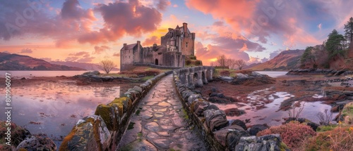 A beautiful sunset over a castle. AI.