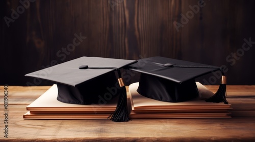 Symmetrical photo of a graduation cap centered between two diplomas, on a wooden background,