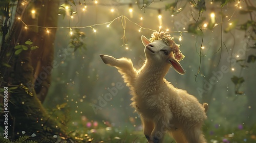 An adorable baby goat wearing a flower crown, standing on hind legs to reach a dangling string of fairy lights, with a whimsical woodland setting in the background