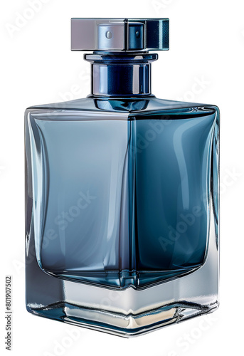 Stylish blue glass perfume bottle with transparent design, cut out - stock png.
