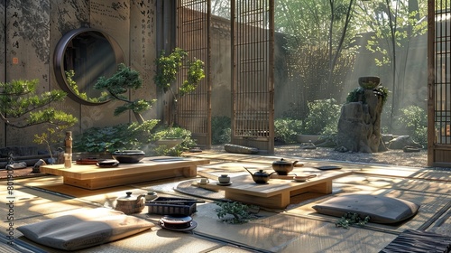 Traditional Chinese tea house with bamboo furniture, tea ceremony area, and bonsai garden.