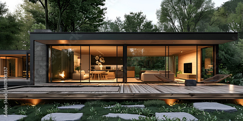 Modern wooden house in serene natural setting.