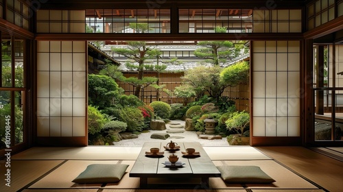Traditional Japanese ryokan with tatami mat flooring, sliding shoji doors, and serene zen gardens.