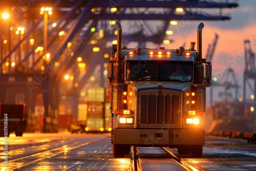 Illuminated industrial port with a massive truck during sunset, showcasing logistic operations