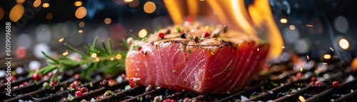 Tuna steak grilling on an open flame, closeup with sparks, ideal for BBQ restaurants or outdoor cooking equipment ads