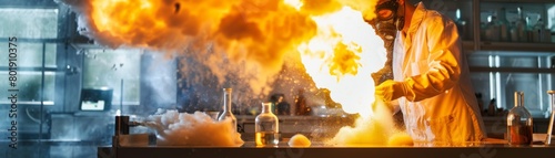 Scientist observing a controlled chemical explosion in a lab, educational and intense, perfect for science education or safety training promotions