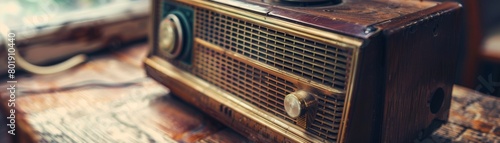 Retro radio on an antique wooden table, soft focus, ideal for vintage store or retrothemed event advertisements