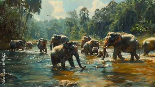 Riverside Harmony: The Graceful Ritual of Elephants Bathing Together