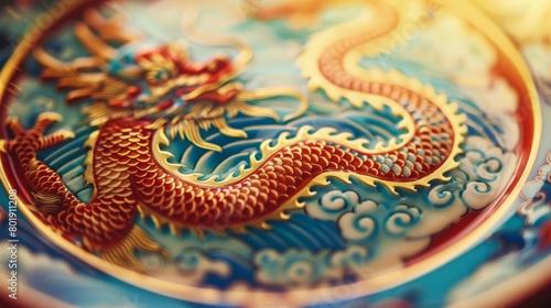 A traditional Chinese porcelain plate showcasing a mesmerizing engraved dragon design in vibrant colors..