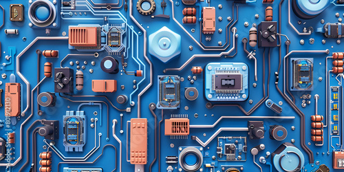 A detailed view of a vintage electronic circuit board, showcasing a variety of components and the complexity of its pathways, evoking a sense of retro technology and engineering. 