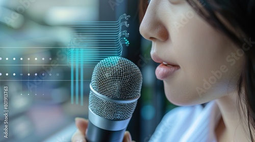 Businesswoman using voice recognition software for dictation