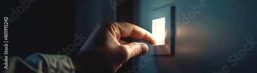 Closeup of a hand switching off a modern light switch, dark room gradually fading to black, ideal for home automation system ads