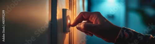 Closeup of a hand switching off a modern light switch, dark room gradually fading to black, ideal for home automation system ads