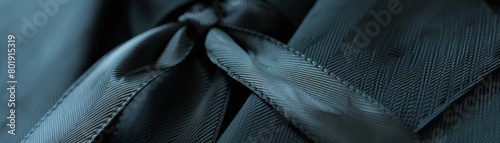 Closeup of a black ribbon on a suit lapel, subtle and poignant, ideal for memorial day services or tribute event promotions
