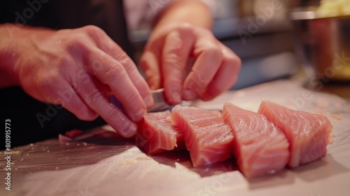 Chef slicing fresh tuna for sushi on a pristine kitchen counter, emphasizing quality and skill, perfect for gourmet seafood restaurant ads