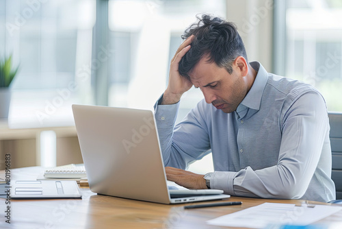 Stressed businessman sitting with laptop at desk 