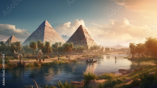 Ancient egypt civilization, people and workers building pyramids. Historic event, monument by nile river.