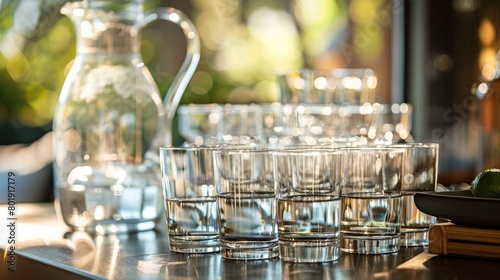 A tasting station with small glasses and water pitchers provided for guests to cleanse their palate in between sips.