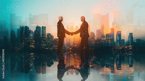 Business partnership handshake with city skyline in background