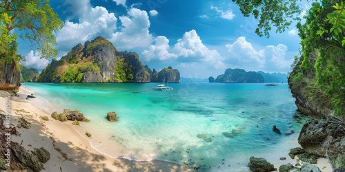 Green sea and blue sky with sun at beach, Trang Scenic view of an island chain in the Andaman Sea. 