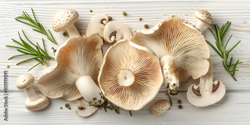Overhead flat lay view of different varieties of mushroom and fungi on white wooden table background.