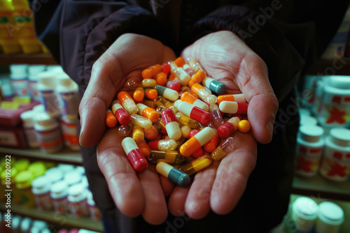 A conceptual image of drug abuse, featuring a pile of pills in a person's hand, captured in macro photography.