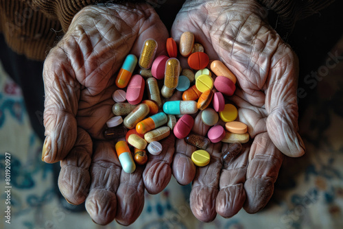 A conceptual image of drug abuse, featuring a pile of pills in a person's hand, captured in macro photography.