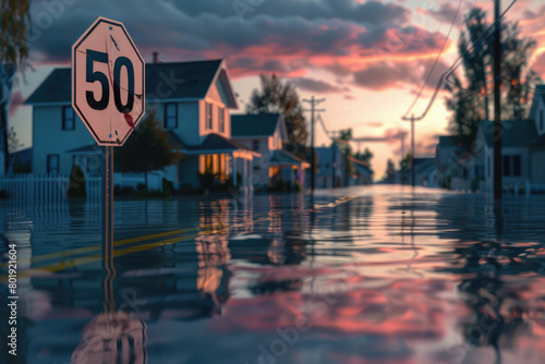 A speed limit sign partially submerged in floodwaters, with a residential area in the United States flooded.