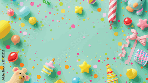 Baby toys with confetti on green background. Children