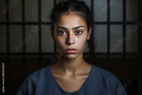 A young Hispanic female inmate, aged 23, staring defiantly into the camera, refusing to be defined by her circumstances