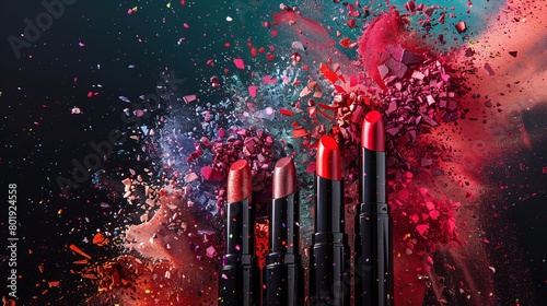 Highimpact makeup explosion with colorful lipsticks and eye shadows artistically strewn across an abstract backdrop, ideal for beauty promotions,