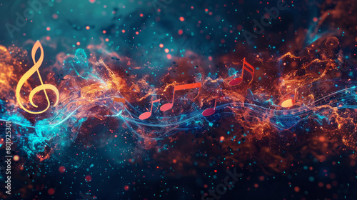 Vibrant musical notes floating in a cosmic space