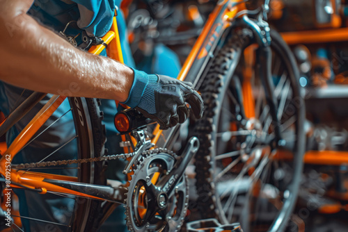 Cyclist mechanic repairs bicycle in workshop. Bike maintenance and repair service