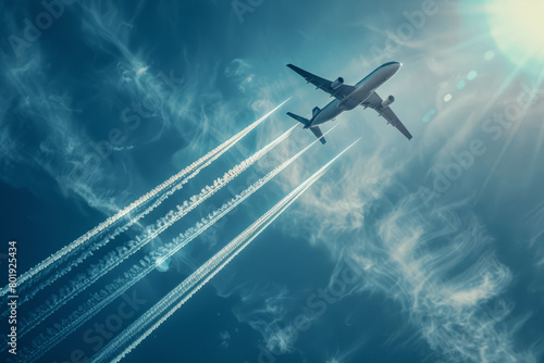 Jet airplane with striking contrails in a vivid blue sky
