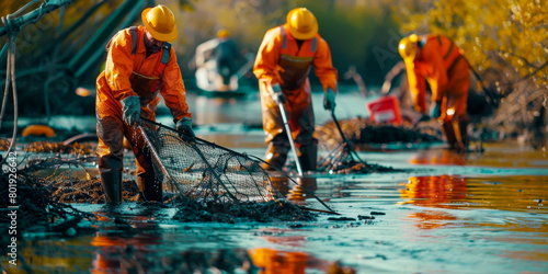 oil spill being cleaned up by a team of workers using booms and skimmers.